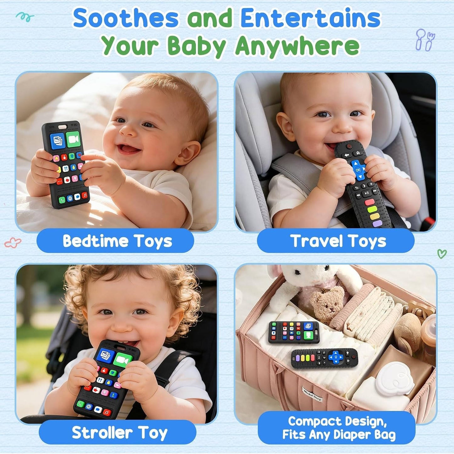 Baby Remote Control Teether Set 2 Pack, BPA Free Silicone Sensory Teethers for Gum Relief and Infant Care