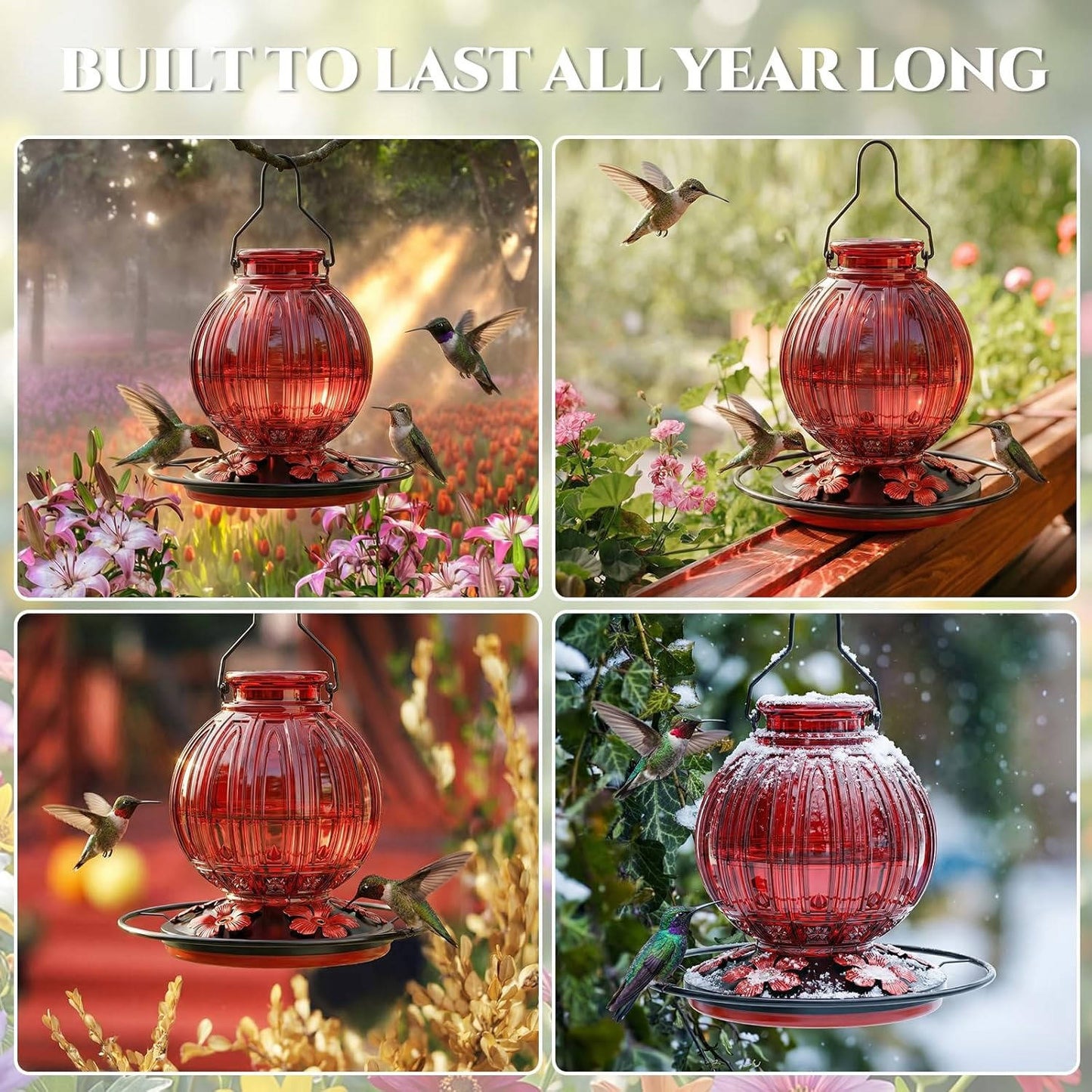 Glass Bird Feeder for Outdoors Hanging, 26 oz Leakproof Bird Nectar Feeder with 5 Metal Flower Feeding Ports