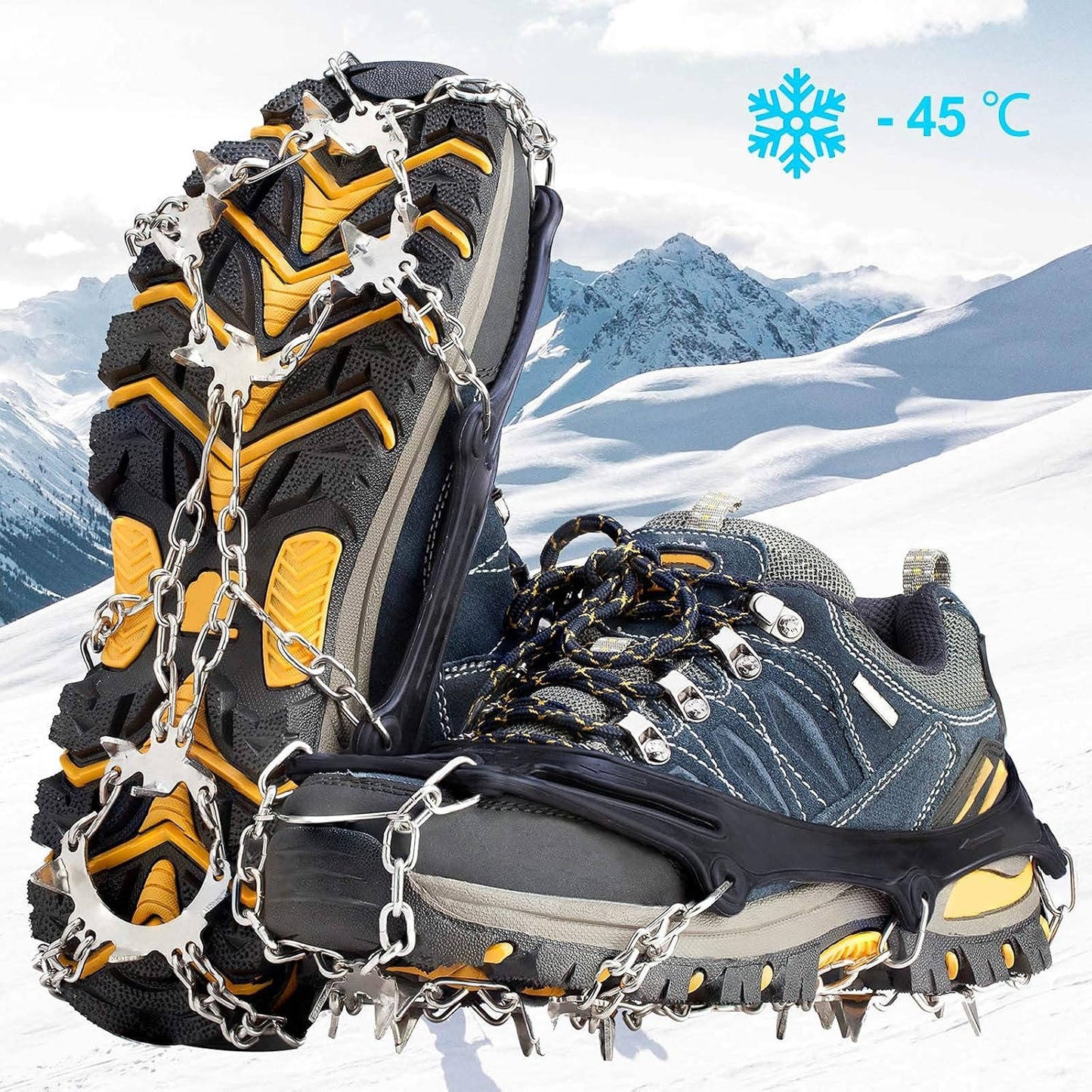 Ice Cleats for Shoes and Boots, 19 Stainless Steel Spikes, Anti Slip Snow Traction Grips for Hiking, Walking and Climbing