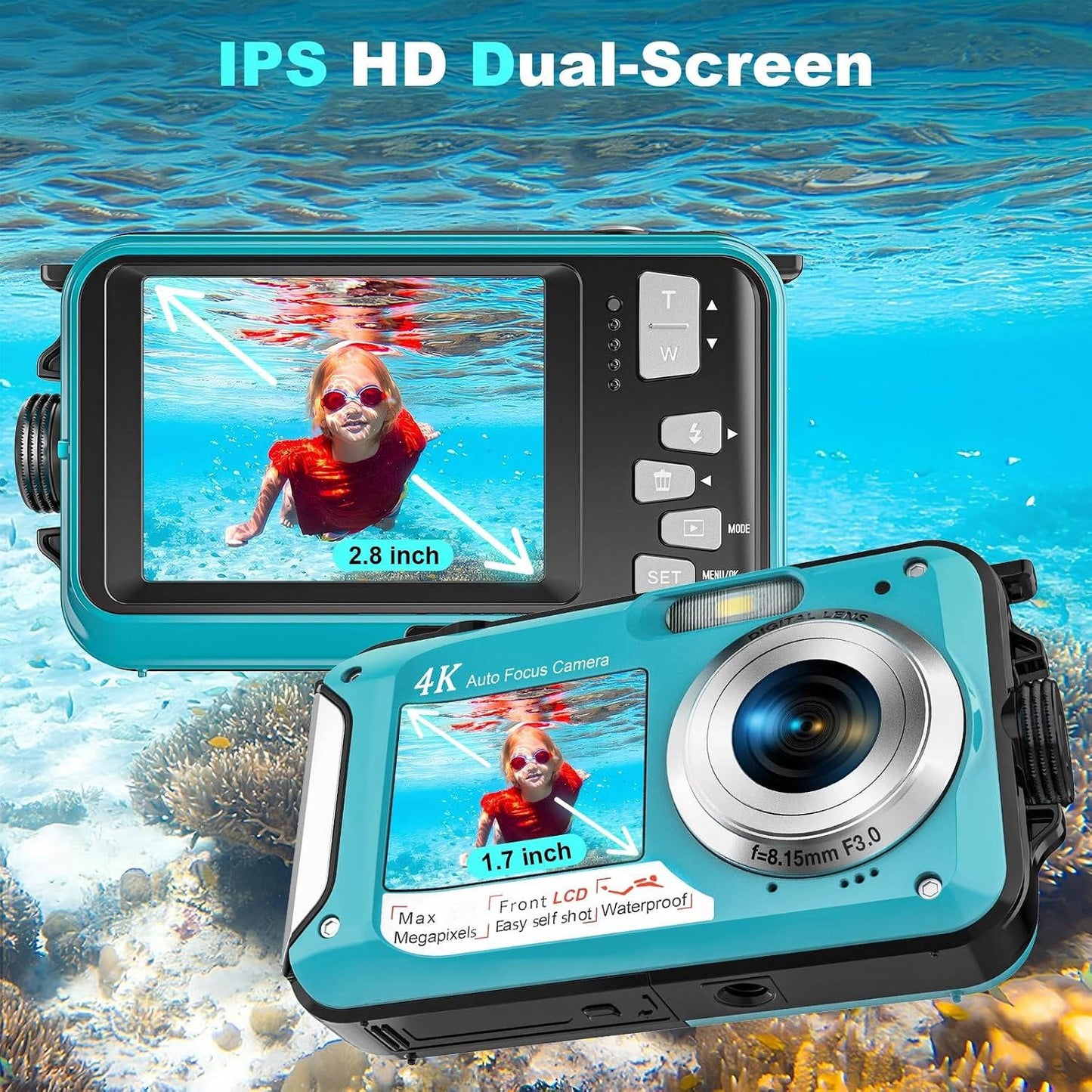 4K 64MP Underwater Digital Camera, Waterproof Camera for Swimming, Snorkeling and Diving