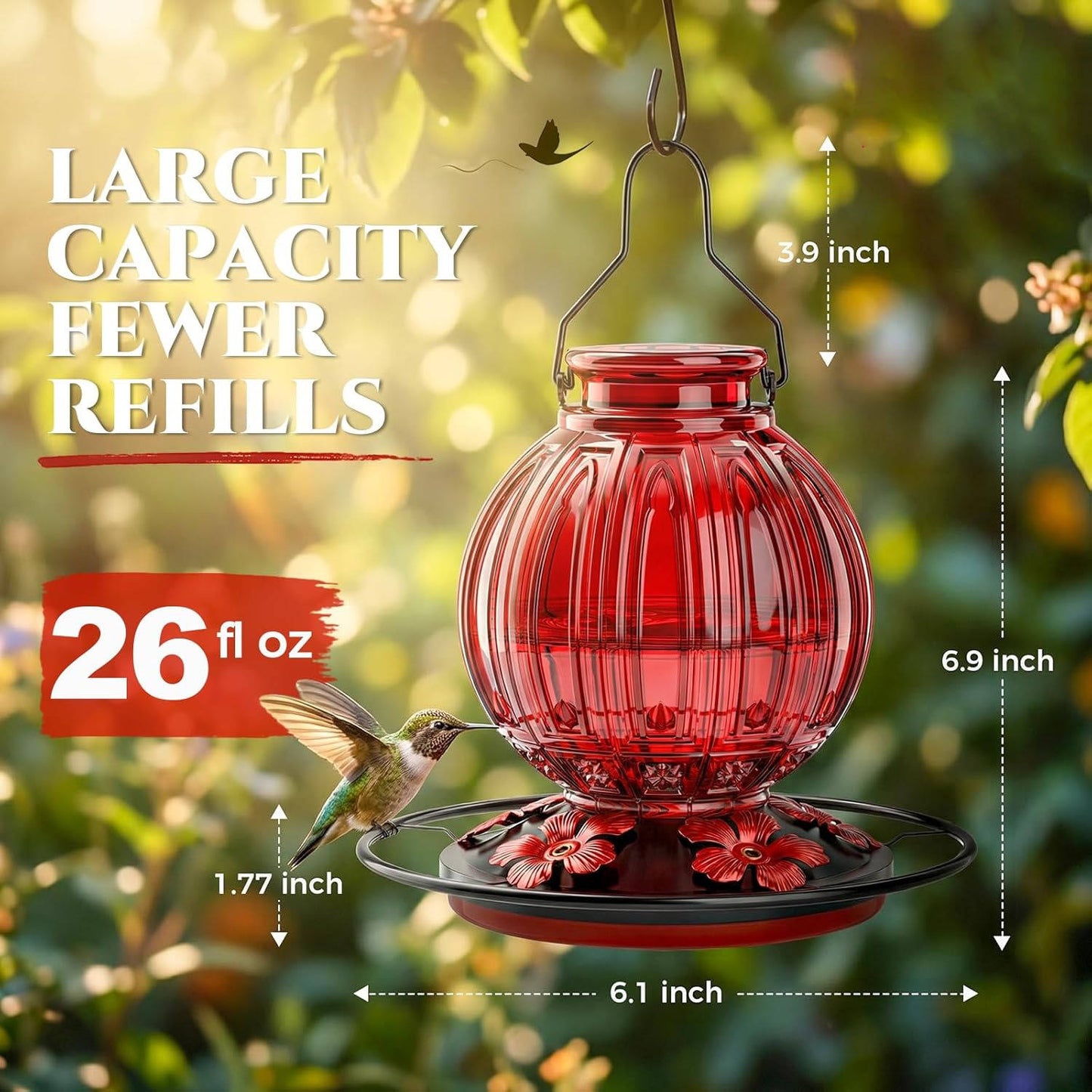Glass Bird Feeder for Outdoors Hanging, 26 oz Leakproof Bird Nectar Feeder with 5 Metal Flower Feeding Ports