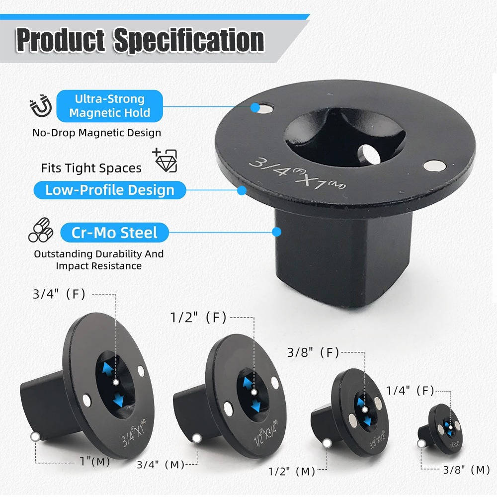 4 Piece Impact Socket Adapter Set, Low Profile Stubby Drive Ratchet Adapters, 0.25 to 1 inch for Tight Spaces