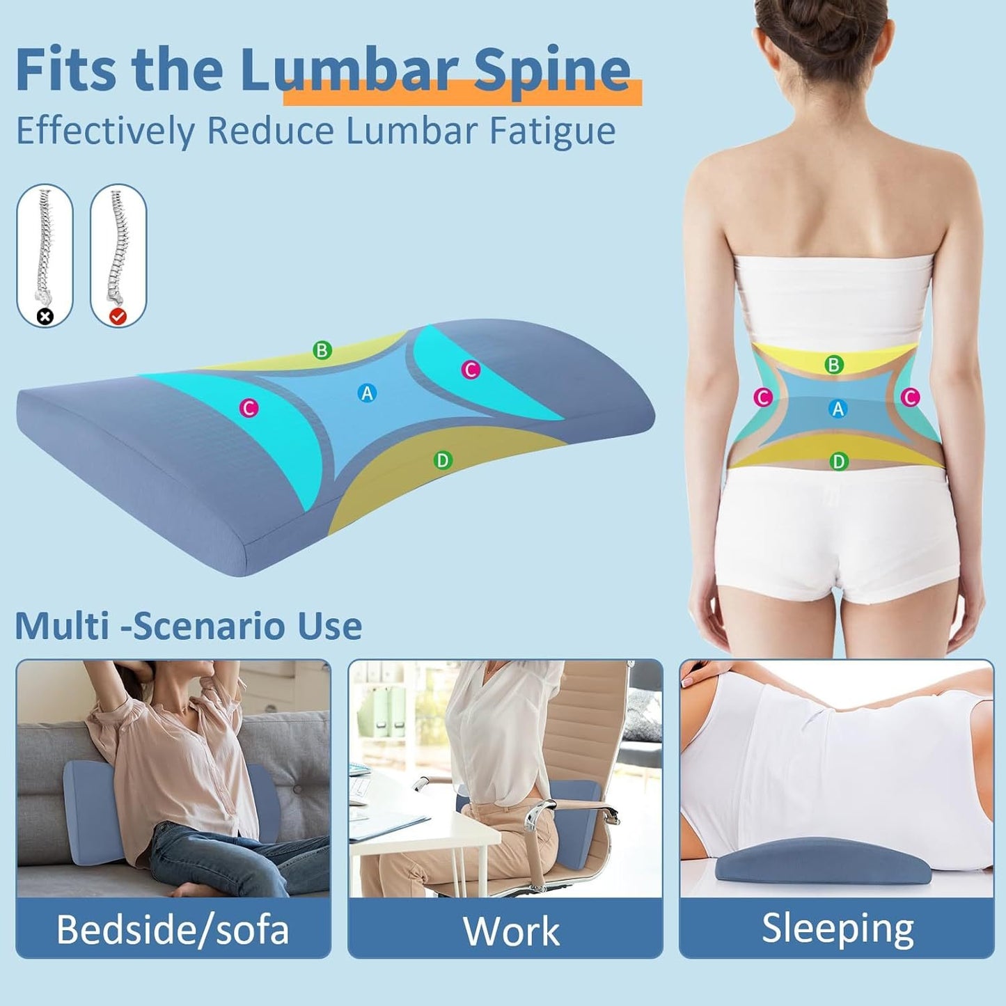 Lower Back Support Pillow, Memory Foam Lumbar Pillow for Sleeping, Cooling Waist Bolster for Side, Back and Stomach Sleepers