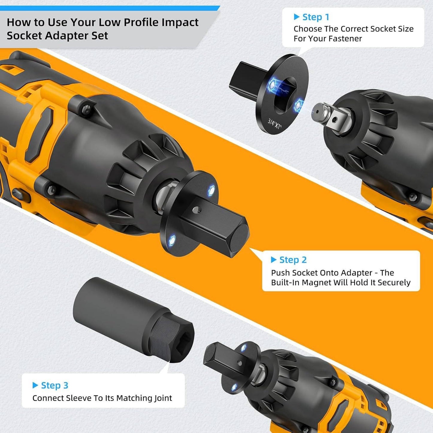 4 Piece Impact Socket Adapter Set, Low Profile Stubby Drive Ratchet Adapters, 0.25 to 1 inch for Tight Spaces