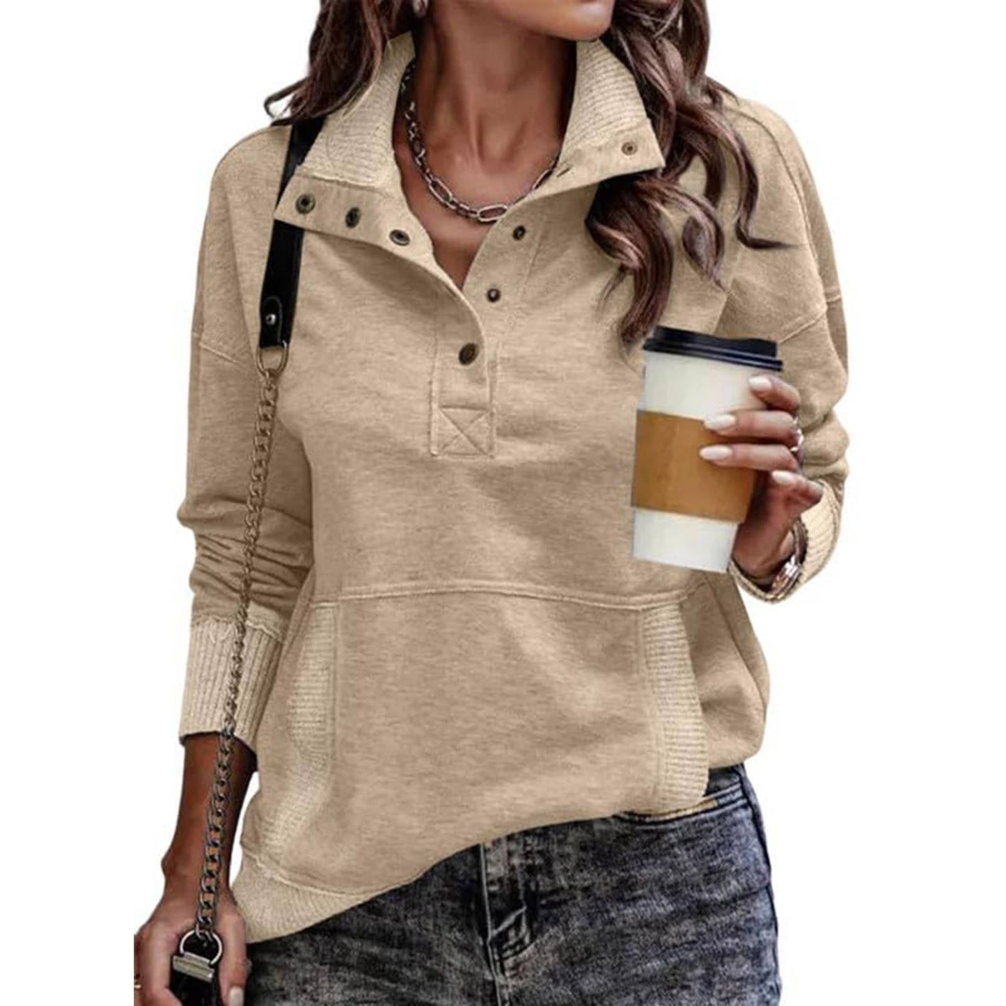 Womens Stand Collar Pullover with Partial Button Placket and Drawstring Neckline