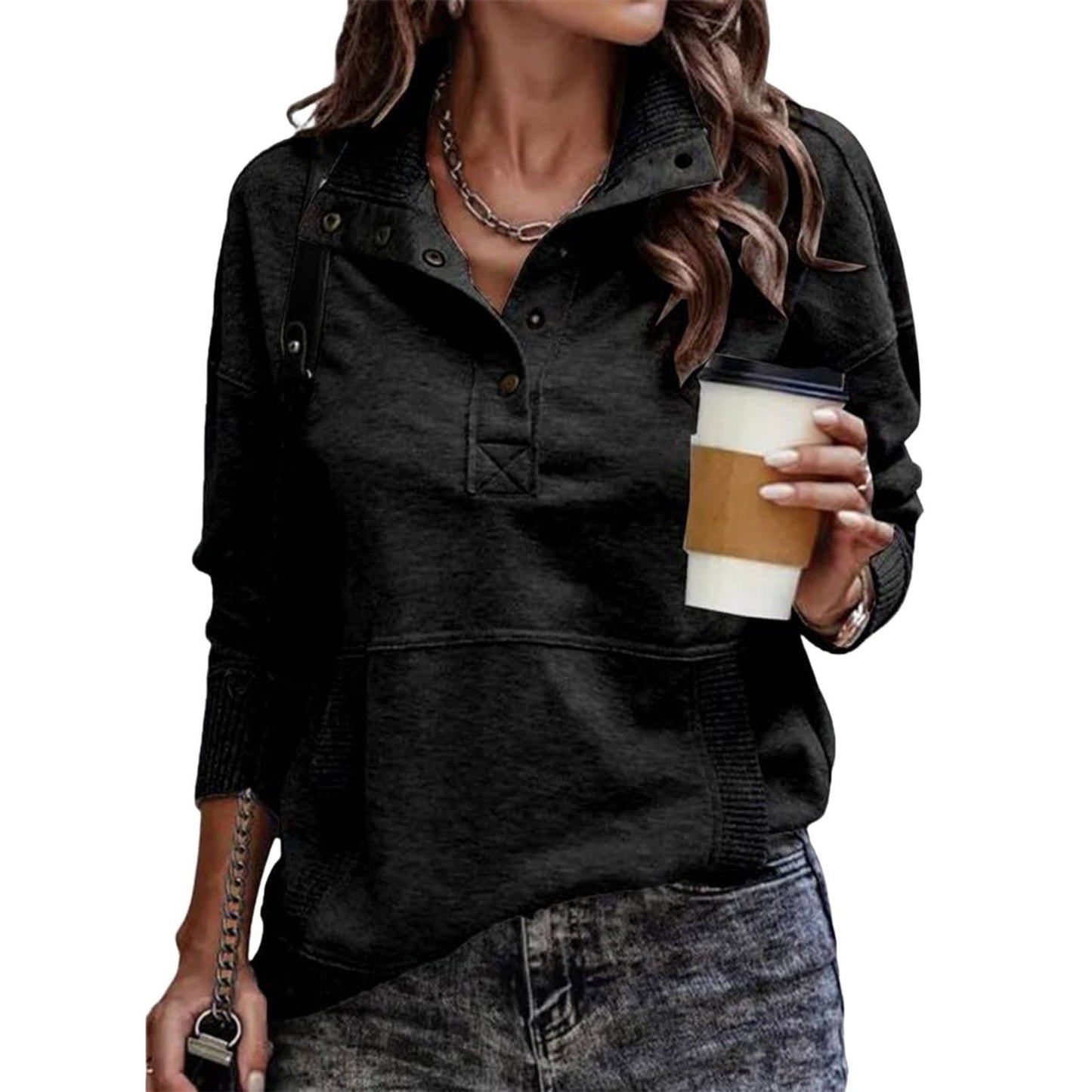 Womens Stand Collar Pullover with Partial Button Placket and Drawstring Neckline
