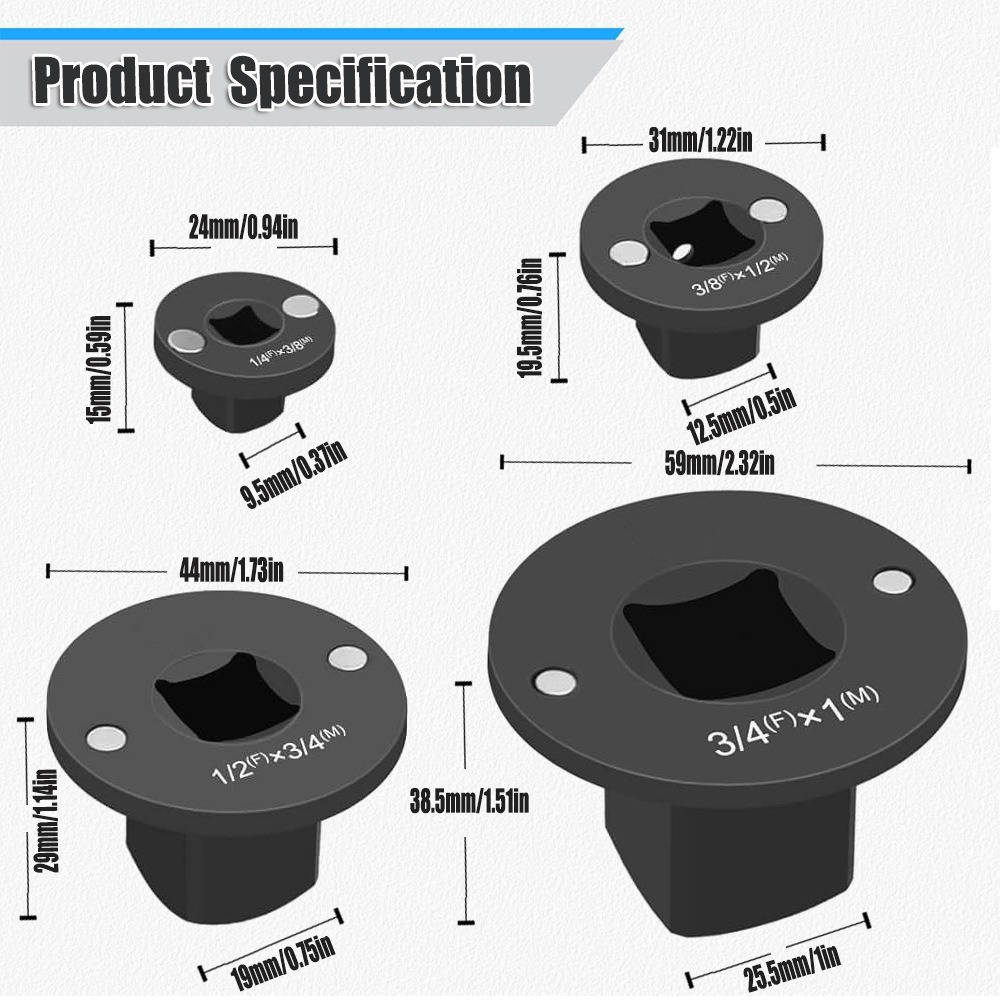 4 Piece Impact Socket Adapter Set, Low Profile Stubby Drive Ratchet Adapters, 0.25 to 1 inch for Tight Spaces