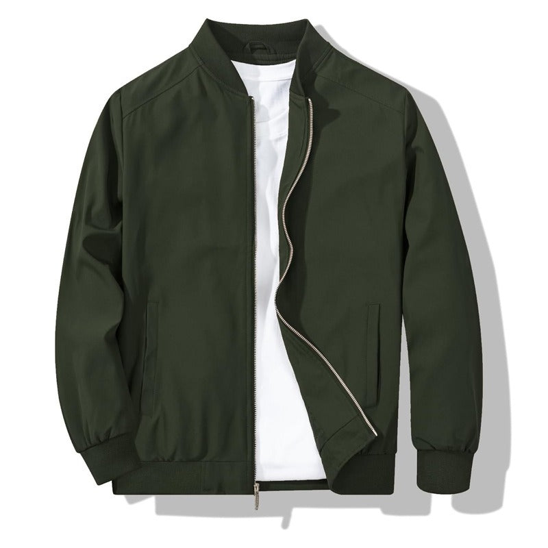 Mens Bomber Jacket with Metal Zipper and Rib Knit Trim for Spring Fall