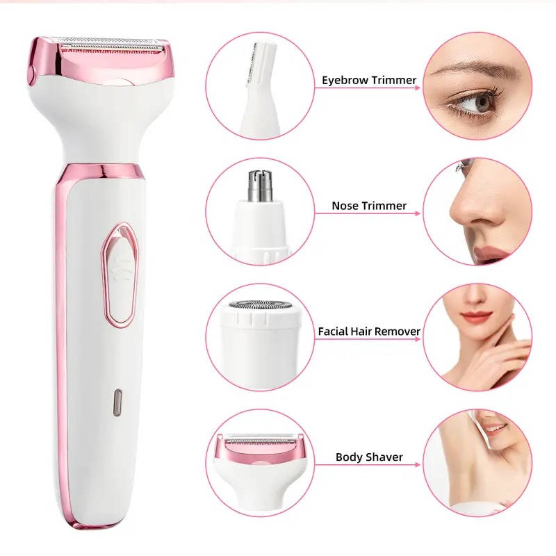4 in 1 Electric Lady Shaver, Body Hair Trimmer for Face, Nose, Eyebrows and Underarms, Rechargeable Womens Grooming Kit