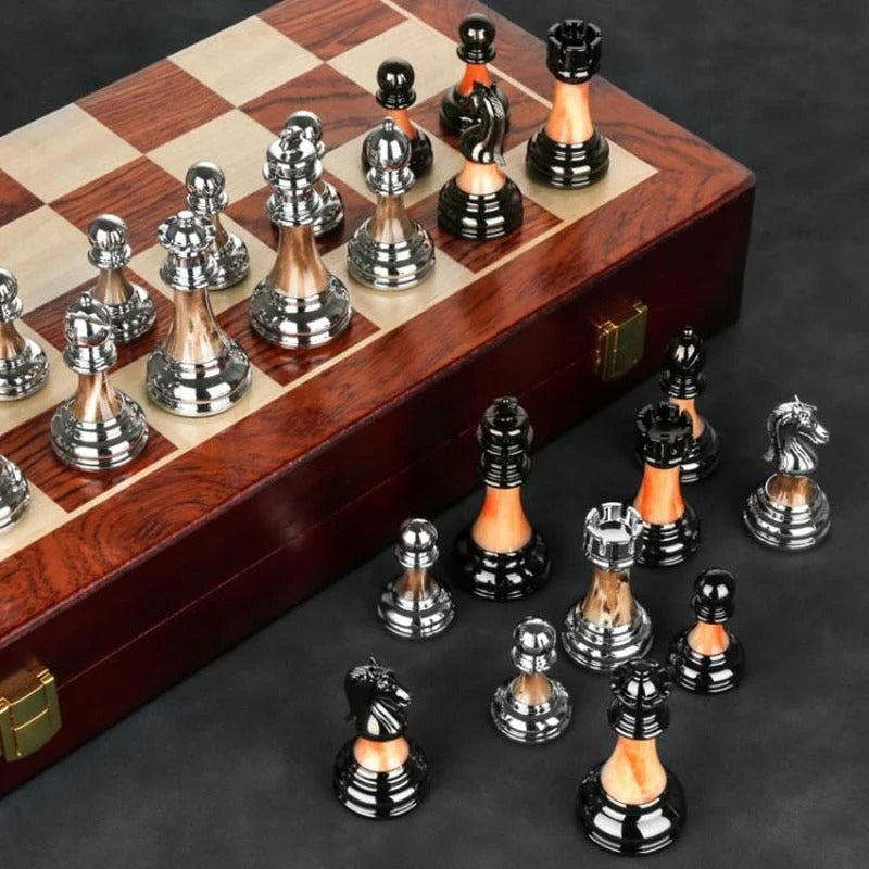 Luxurious Metal Chess Set with Large 16.5 in Wooden Board, Premium Chess Game Set