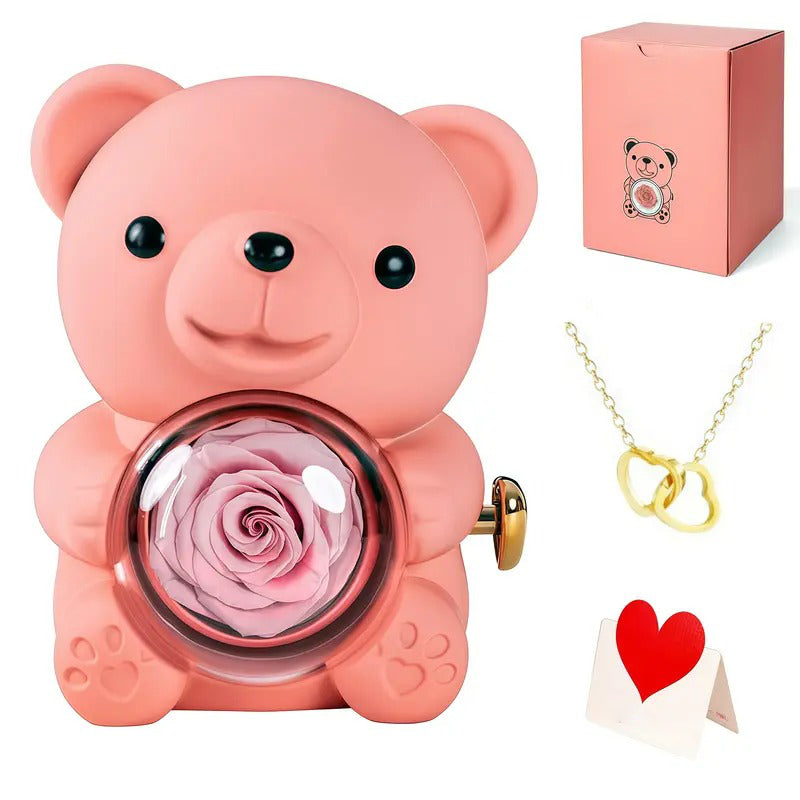 Eternal Forever cute rose bear with romantic heart necklace, best gift for girlfriend, wife, Mothers Day, Christmas, anniversary