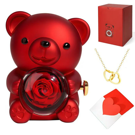 Eternal Forever cute rose bear with romantic heart necklace, best gift for girlfriend, wife, Mothers Day, Christmas, anniversary