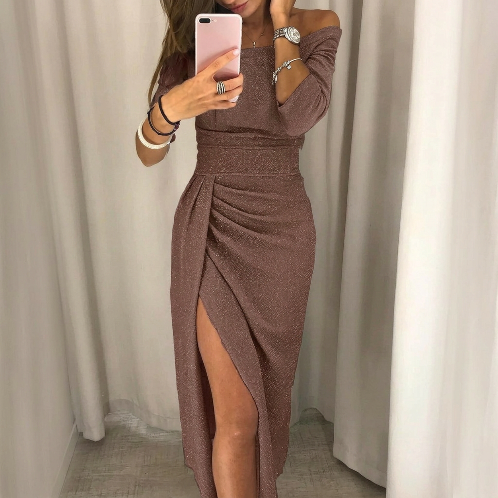 Formal Off Shoulder Dress with Full Sleeves and Side Slit