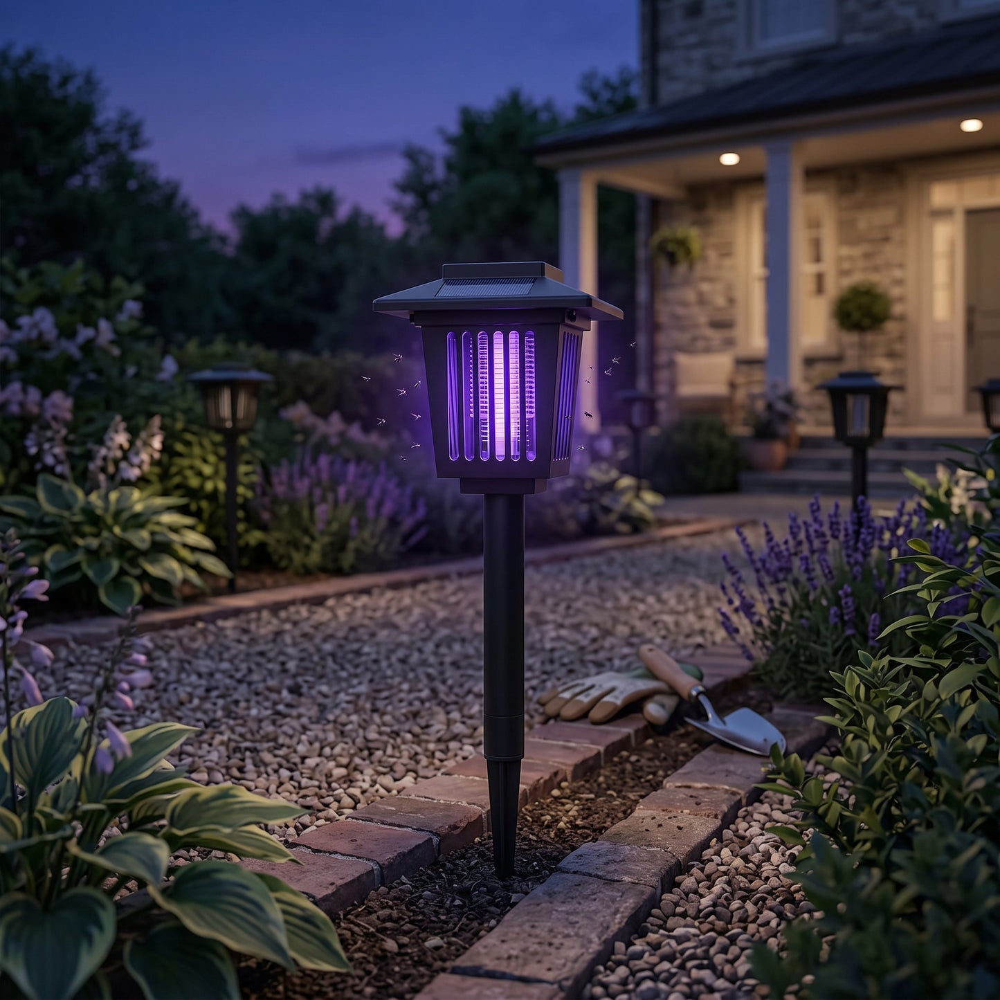 Solar Bug Zapper and Pathway Light with Automatic Dusk Sensor, Ground Stake Installation
