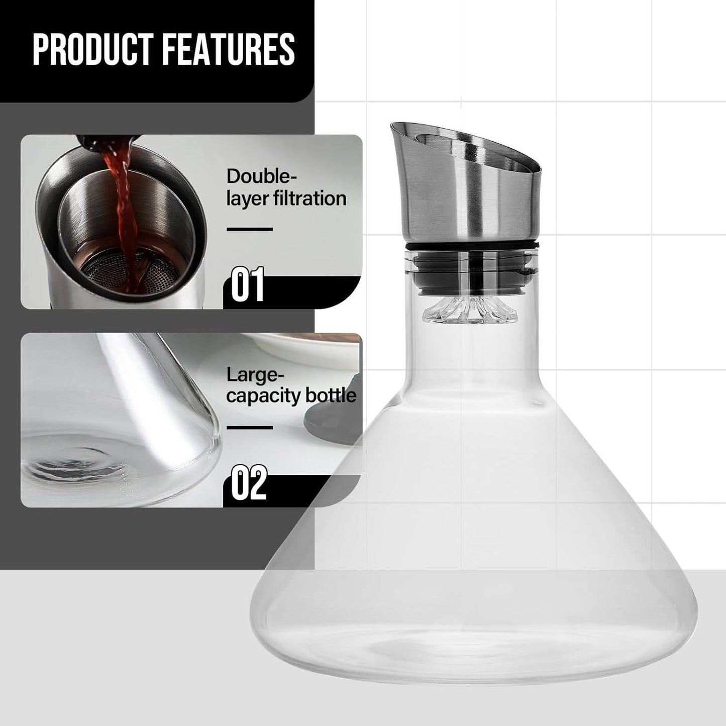 Wine Decanter with 360-Degree Aerator and Double Layer Filter, 1.5 Quart Capacity