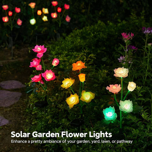 Solar Garden Lights Outdoor Decorative, 3 Pack Solar Flower Lights with 15 Rose Flowers, Multi Color Changing LED Waterproof Garden Decor for Landscape Pathway