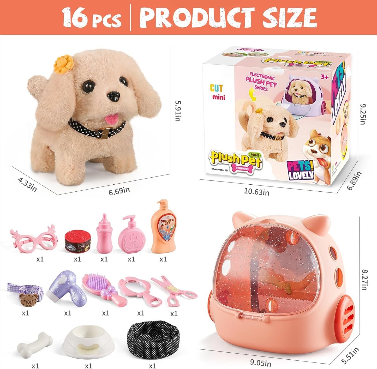 Realistic Robot Puppy for Kids and Toddlers, Interactive Dog, Walking, Barking & Wagging Dog, 16 Pcs
