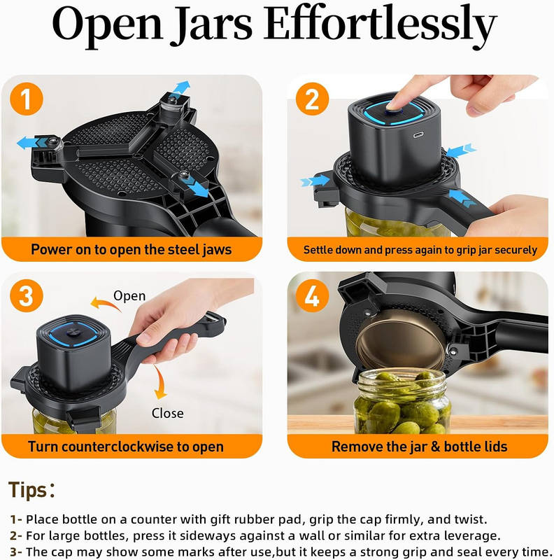 Electric Jar Opener 2 in 1 Bottle Opener, Auto Tighten Power Clamp Easy Open for Weak Hands Seniors Arthritis with Gripper Pad