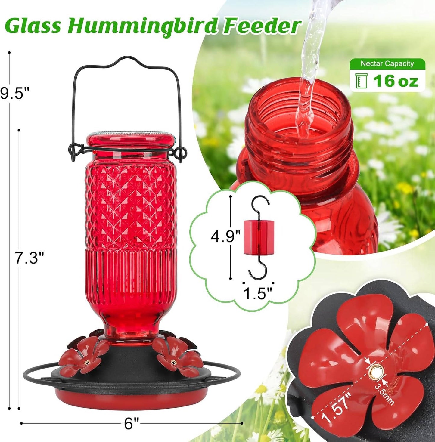 16 OZ Glass Hummingbird Feeders for Outdoors, with 4 Bee Guard Feeding Ports & Built in Ant Moat