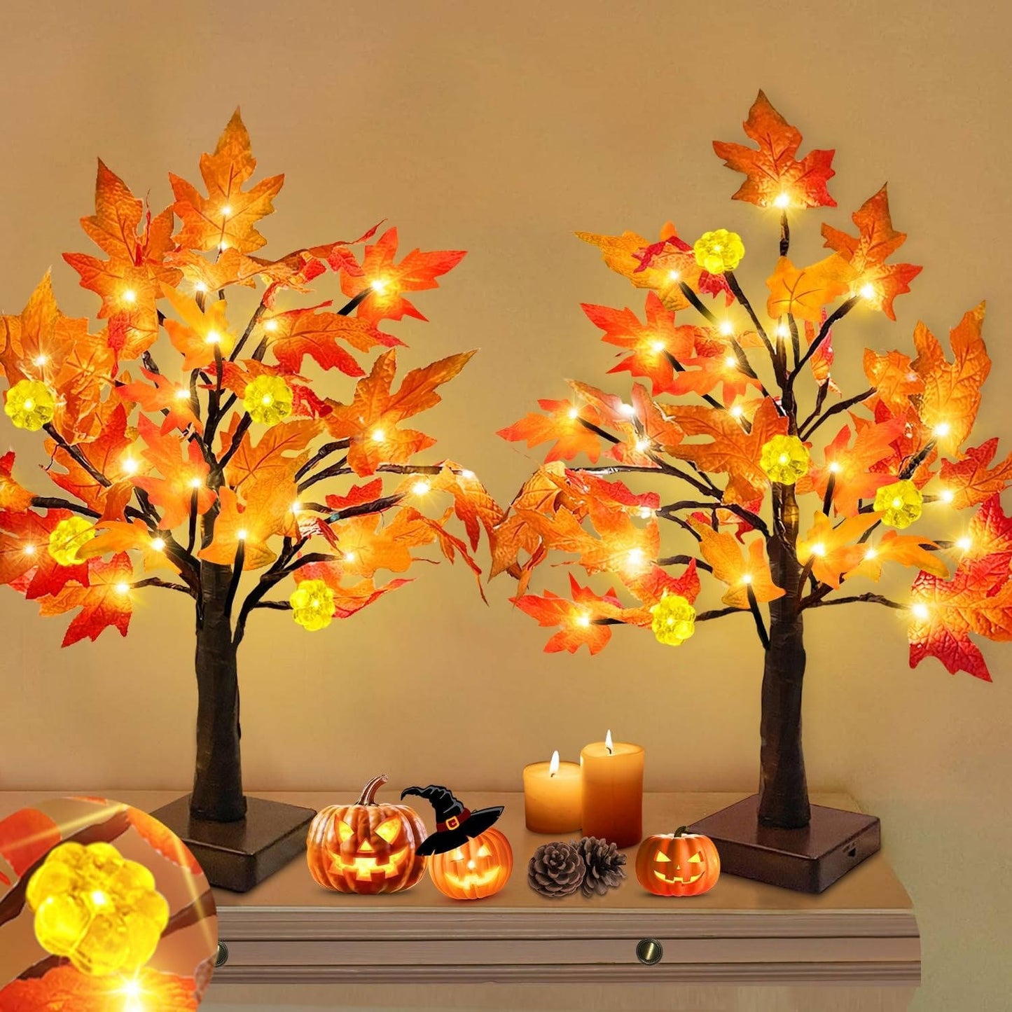 2 Pack 18 Inch Prelit Fall Maple Trees, 48 LED Lighted Maple Leaf Trees for Thanksgiving Table and Autumn Home Decor