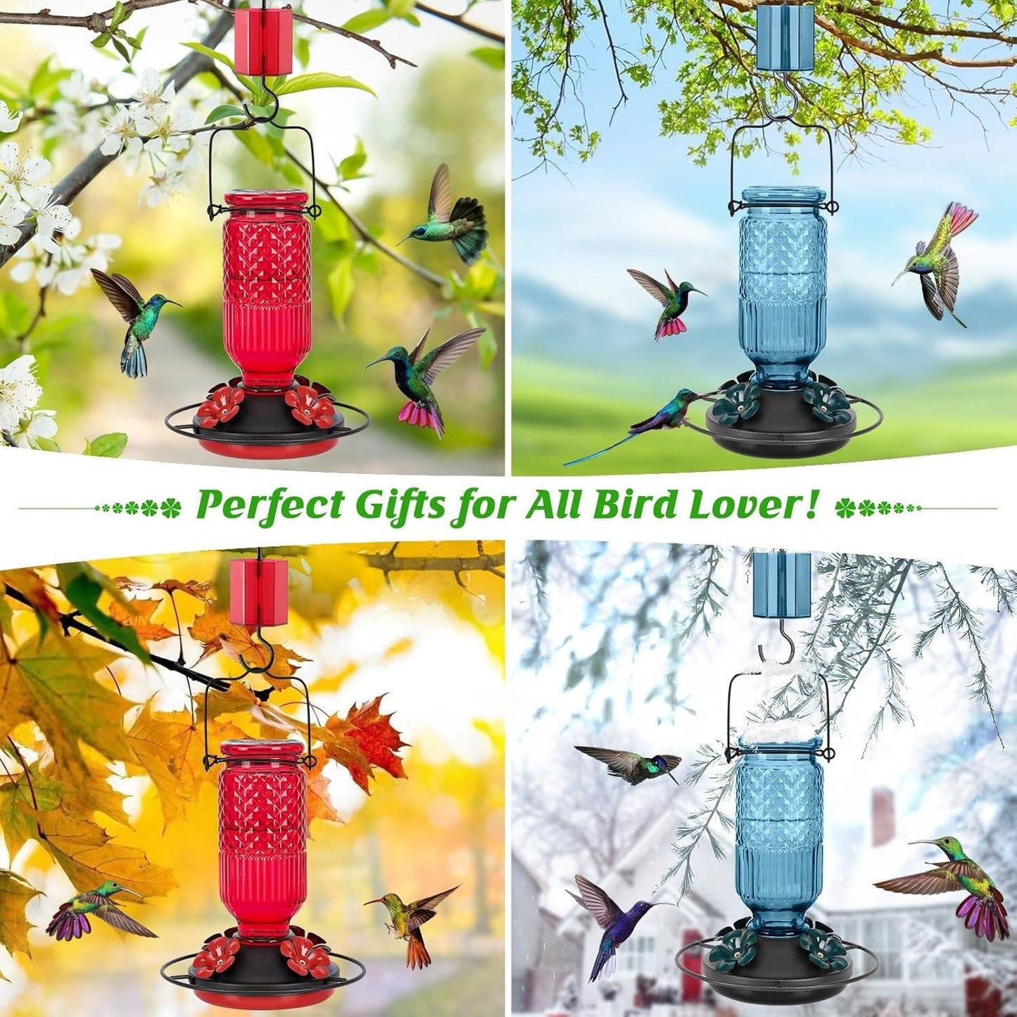 16 OZ Glass Hummingbird Feeders for Outdoors, with 4 Bee Guard Feeding Ports & Built in Ant Moat