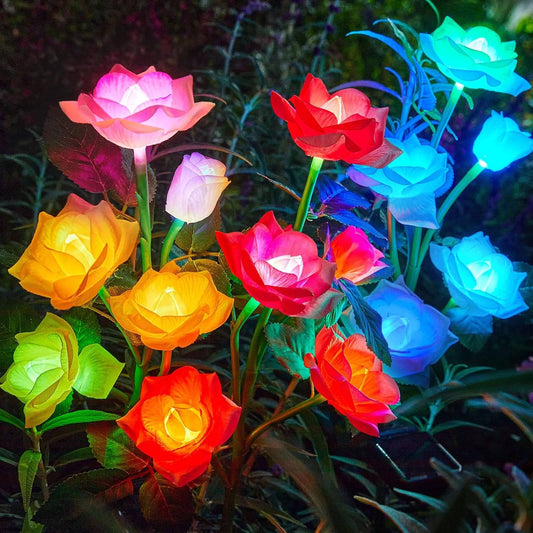 Solar Garden Lights Outdoor Decorative, 3 Pack Solar Flower Lights with 15 Rose Flowers, Multi Color Changing LED Waterproof Garden Decor for Landscape Pathway