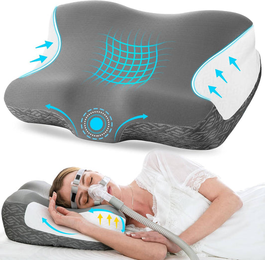 Dark Grey Ergonomic CPAP Pillow for Neck Pain Relief, Orthopedic Support for Side, Back, and Stomach Sleepers, Reduces Air Leaks and Mask Pressure