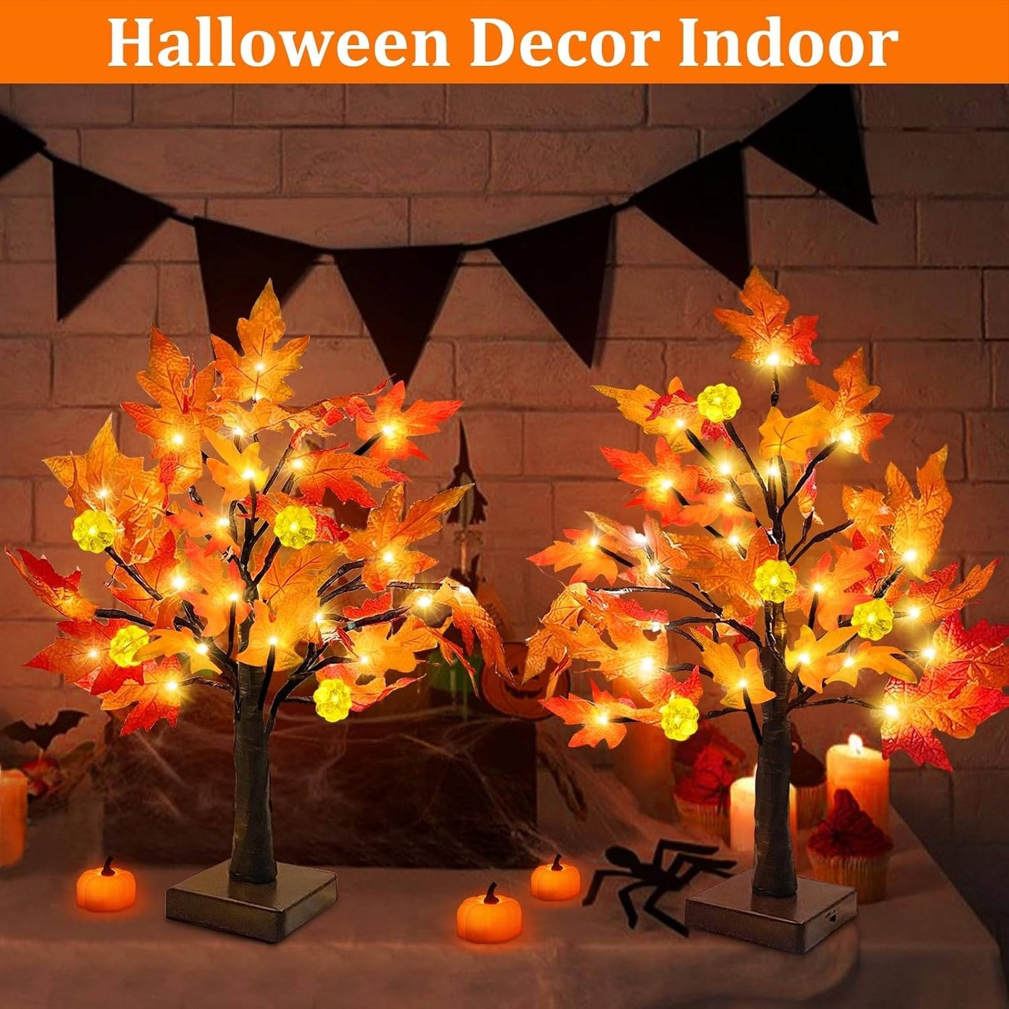 2 Pack 18 Inch Prelit Fall Maple Trees, 48 LED Lighted Maple Leaf Trees for Thanksgiving Table and Autumn Home Decor