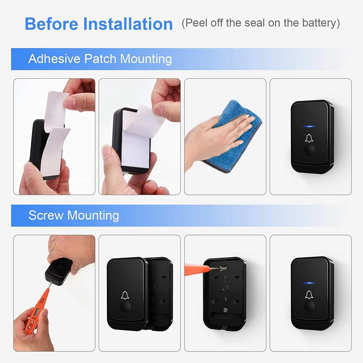 Wireless Doorbell Plug & Play Waterproof Door Bell Kit, 45 Chimes, LED Flash, 4 Volume Levels