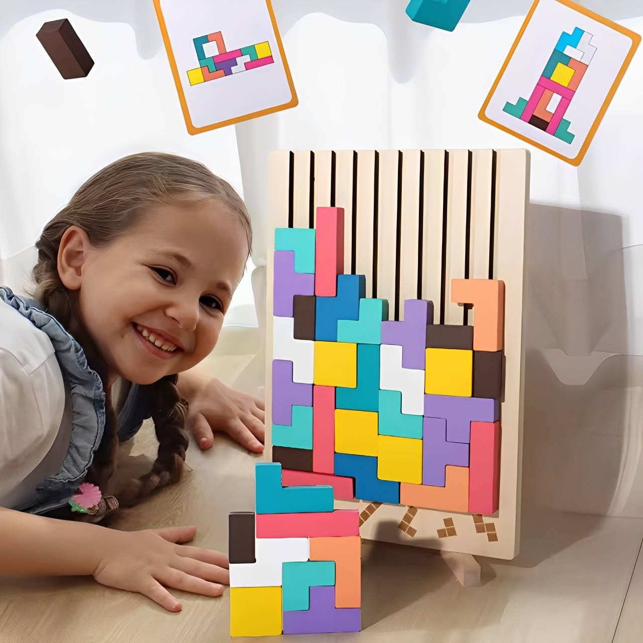 Wooden Block Puzzle Set with Foldout Stand and 42 Colorful Blocks, 10 Pattern Cards