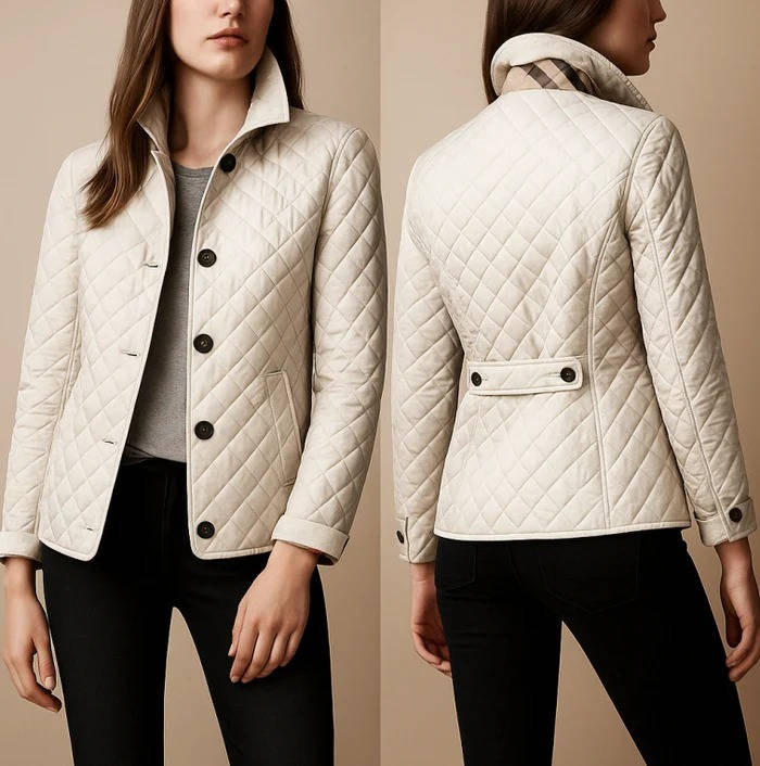 Womens Diamond Quilted Jacket with Stand Collar and Button Front, Hip Length