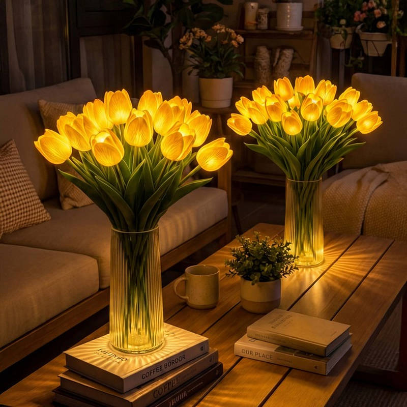 LED Tulip Night Light, Artificial Flower Table Lamp with Real Touch Petals, Battery Operated Lighted Tulip Bouquet for Bedside, Office & Home Decor