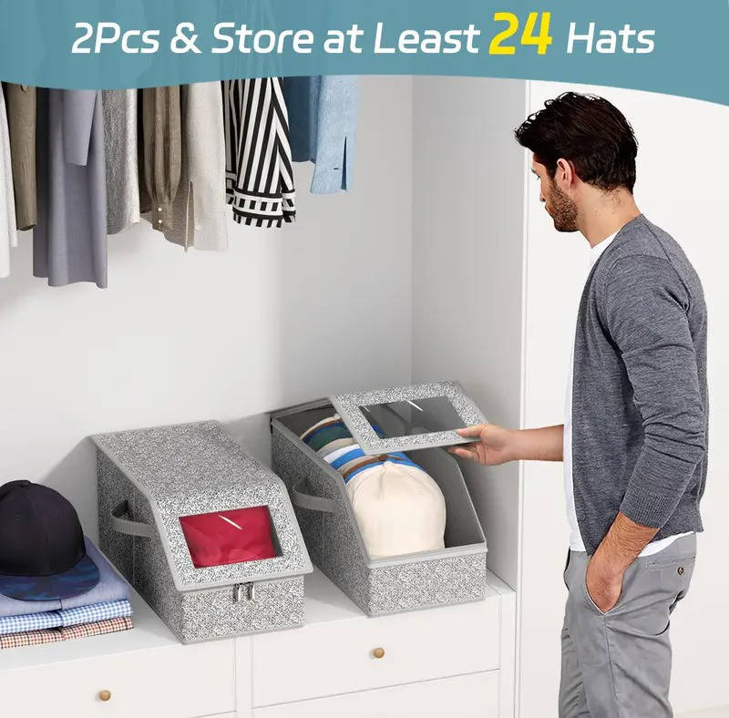 2 Pack Stackable Hat Storage Boxes, Holds 24 Baseball Caps, Durable Cardboard Wardrobe Organizer for Men's Hats