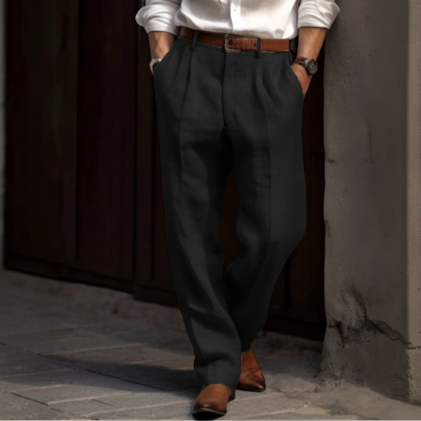 Pleated Cotton Linen Pants with Elastic Waist and Deep Pockets, Reinforced Seams