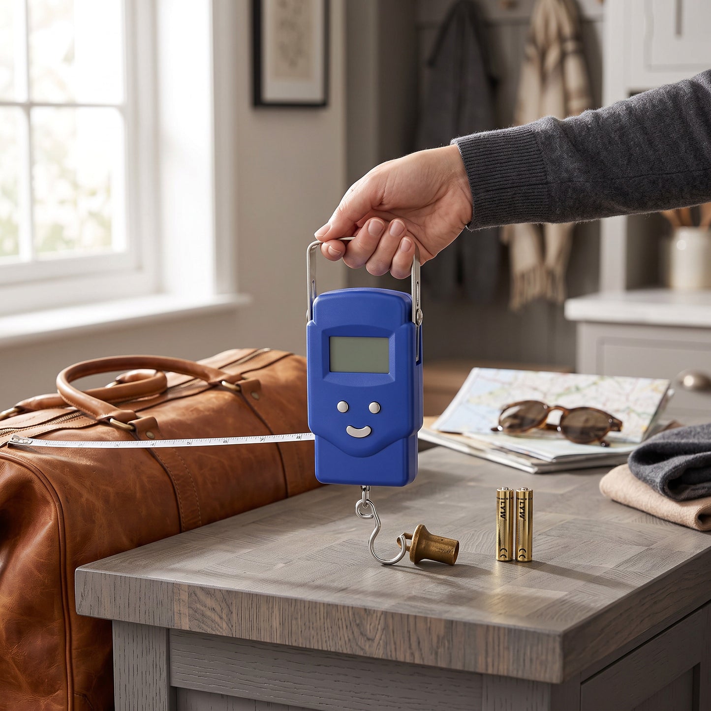 Digital Hanging Scale with Integrated Tape Measure and Blue LCD Display, 110lb Capacity