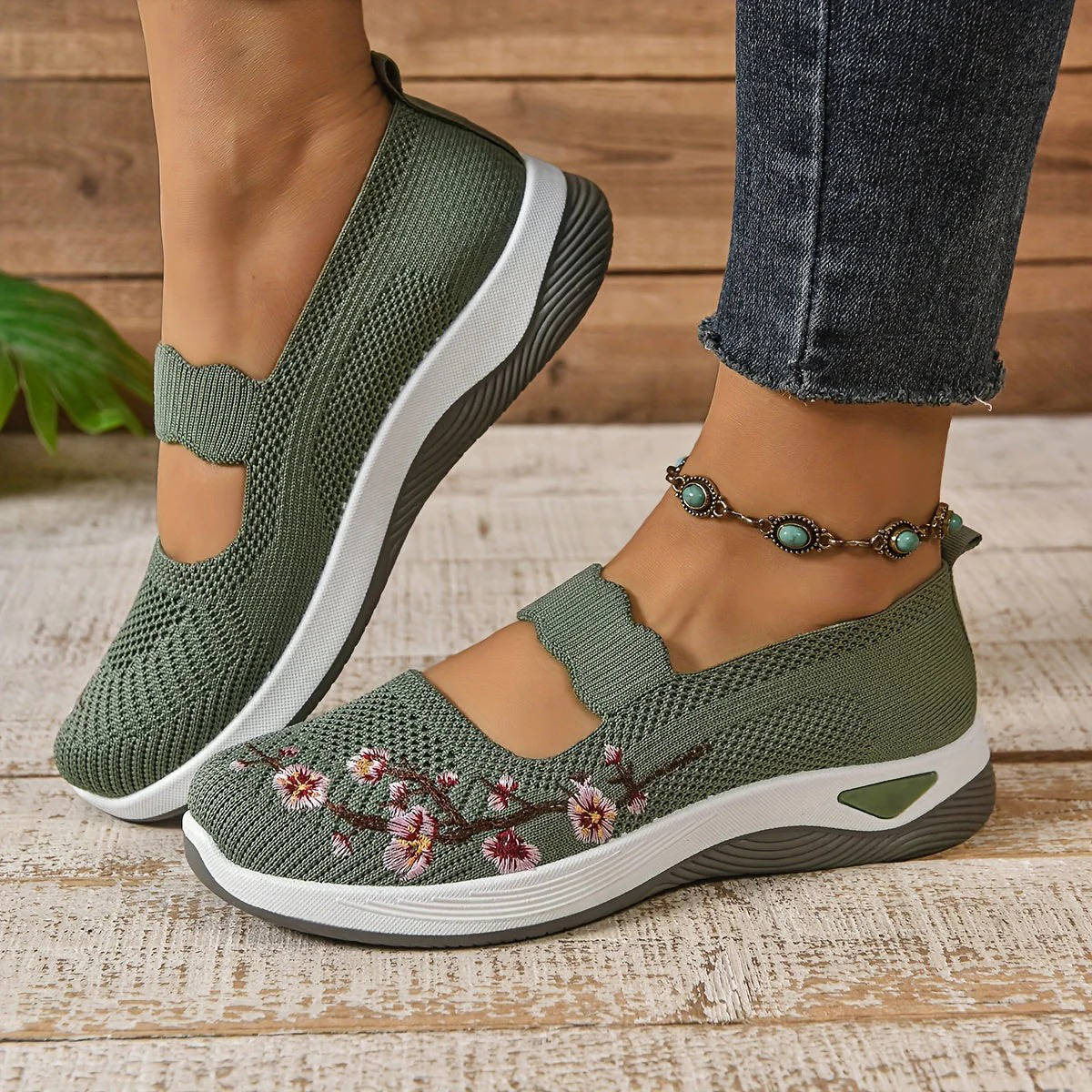 Breathable Mary Jane Sneakers with Floral Embroidery and Elastic Instep Strap