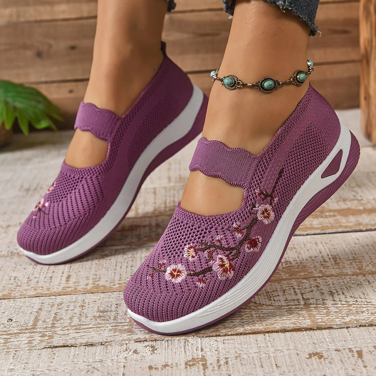 Breathable Mary Jane Sneakers with Floral Embroidery and Elastic Instep Strap