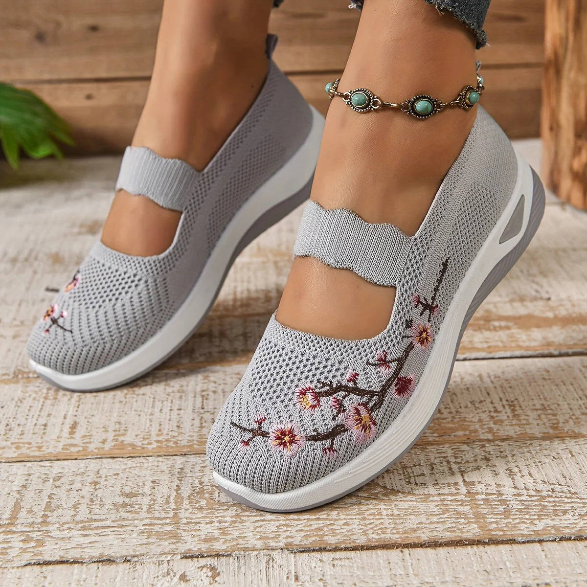 Breathable Mary Jane Sneakers with Floral Embroidery and Elastic Instep Strap