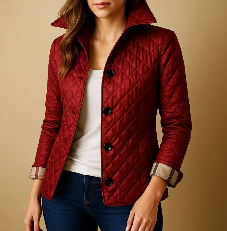 Womens Diamond Quilted Jacket with Stand Collar and Button Front, Hip Length