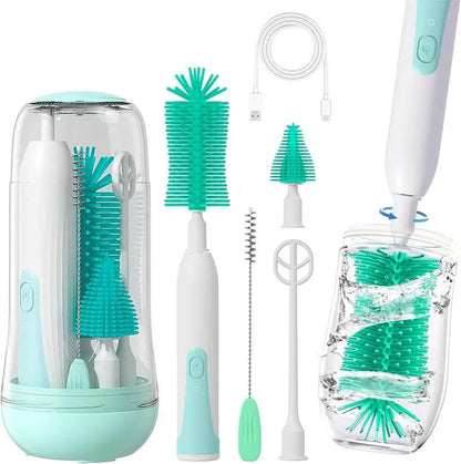 6 Pack Electric Bottle Cleaning Brush Set, 360 Degree Rotating Silicone Baby Bottle Nipple Straw Cleaner Kit Waterproof