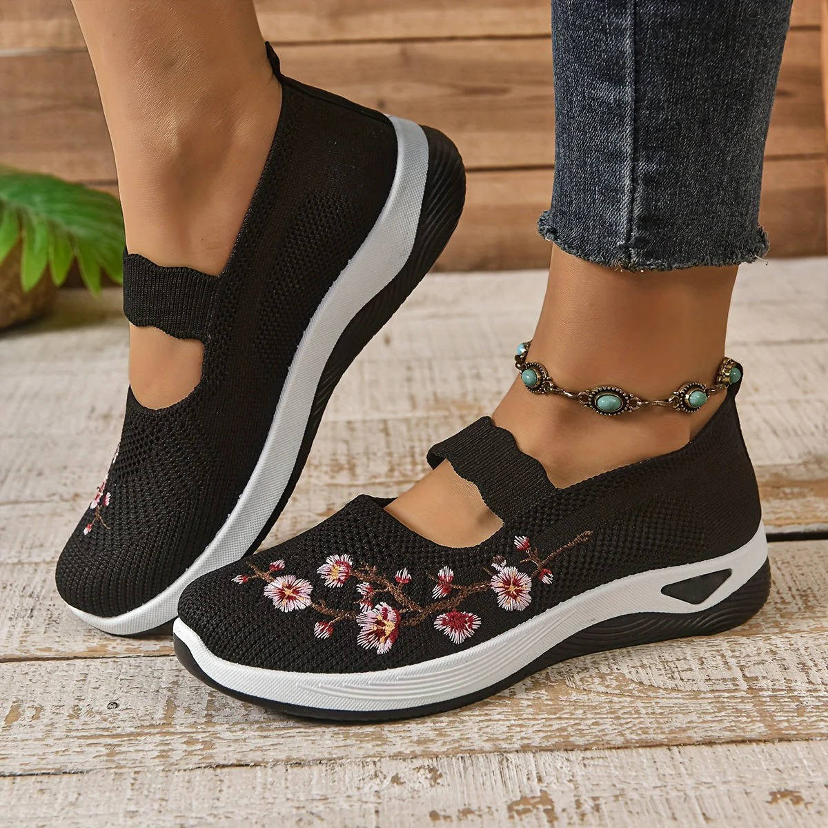 Breathable Mary Jane Sneakers with Floral Embroidery and Elastic Instep Strap