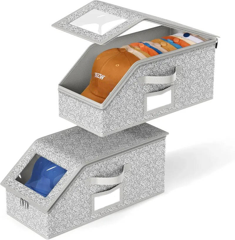 2 Pack Stackable Hat Storage Boxes, Holds 24 Baseball Caps, Durable Cardboard Wardrobe Organizer for Men's Hats