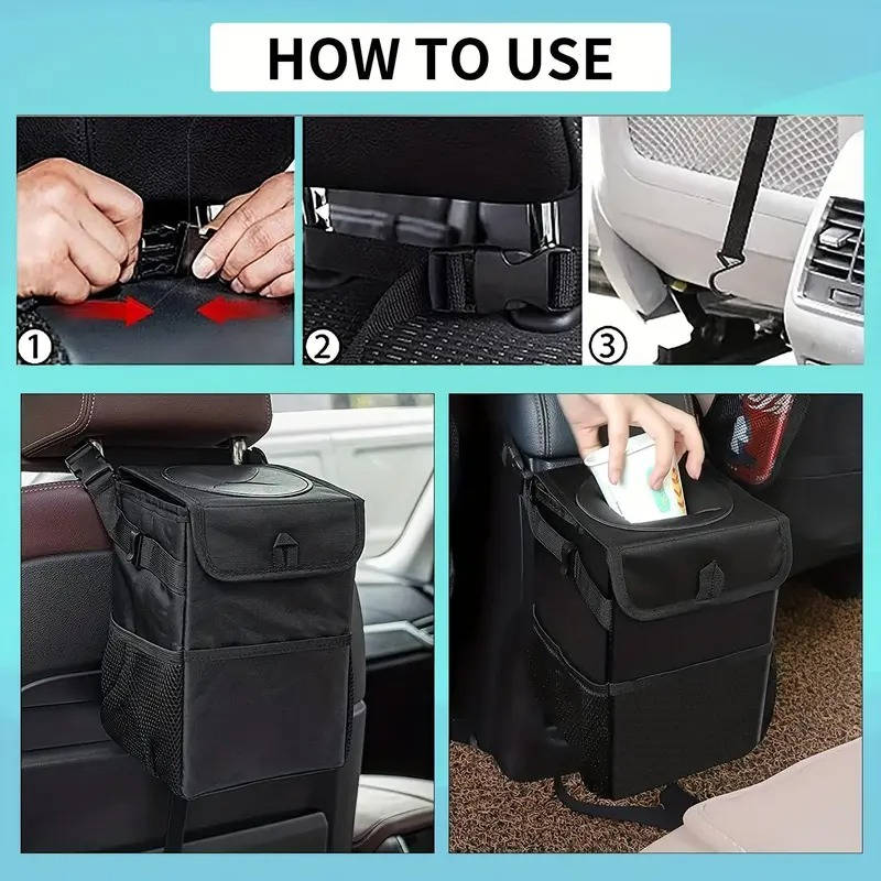 Leak Proof Car Trash Can with Lid and Storage Pockets, Large Capacity Automotive Garbage Bag & Multipurpose Organizer