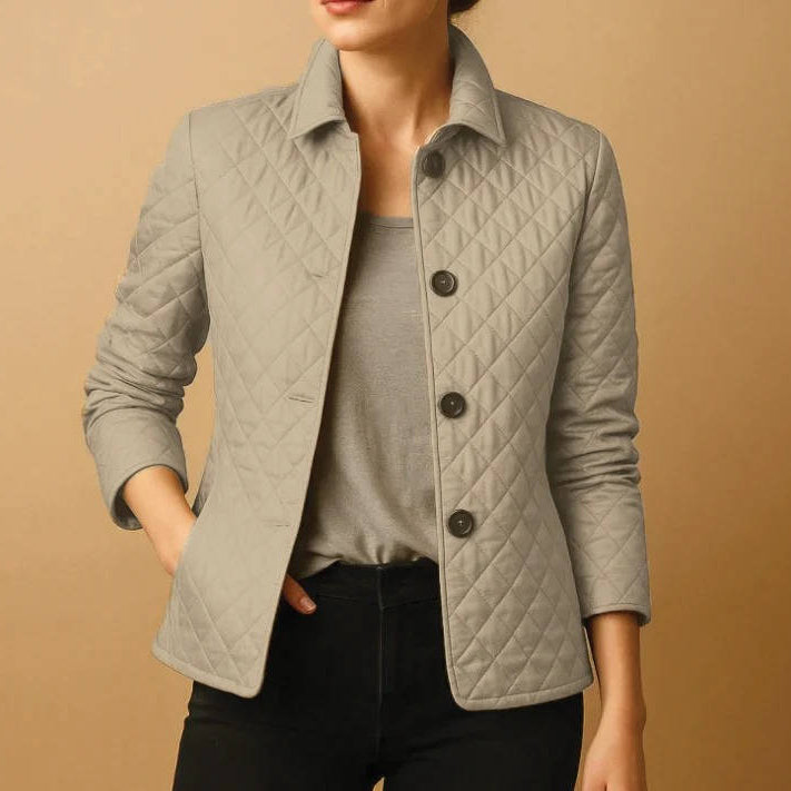 Womens Diamond Quilted Jacket with Stand Collar and Button Front, Hip Length