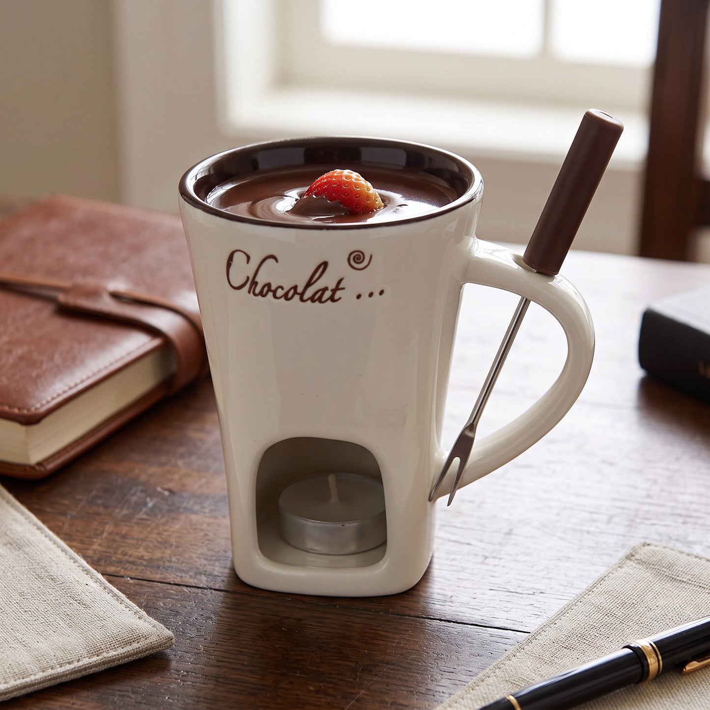 Chocolate Fondue Cup with Candle Holder and Stainless Steel Fork