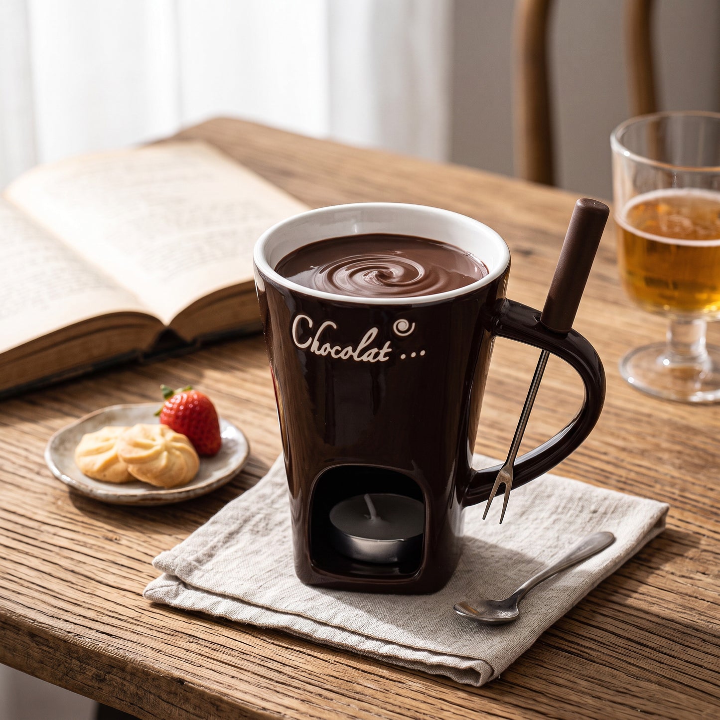 Chocolate Fondue Cup with Candle Holder and Stainless Steel Fork