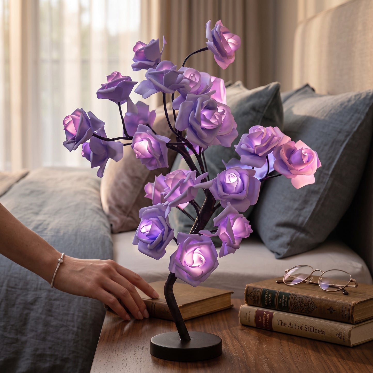 Acrylic Rose Lamp with LED Warm Lighting and Metal Base, Red Beige Blue Purple