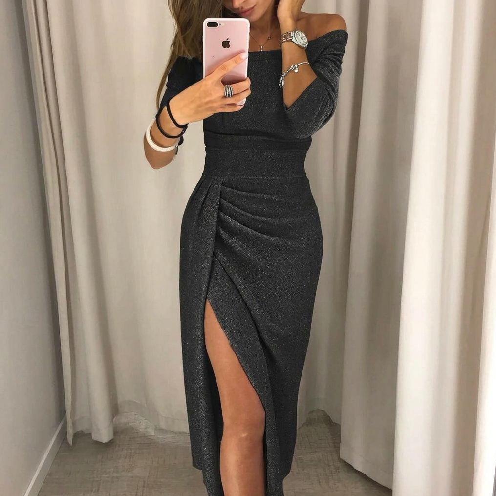 Formal Off Shoulder Dress with Full Sleeves and Side Slit
