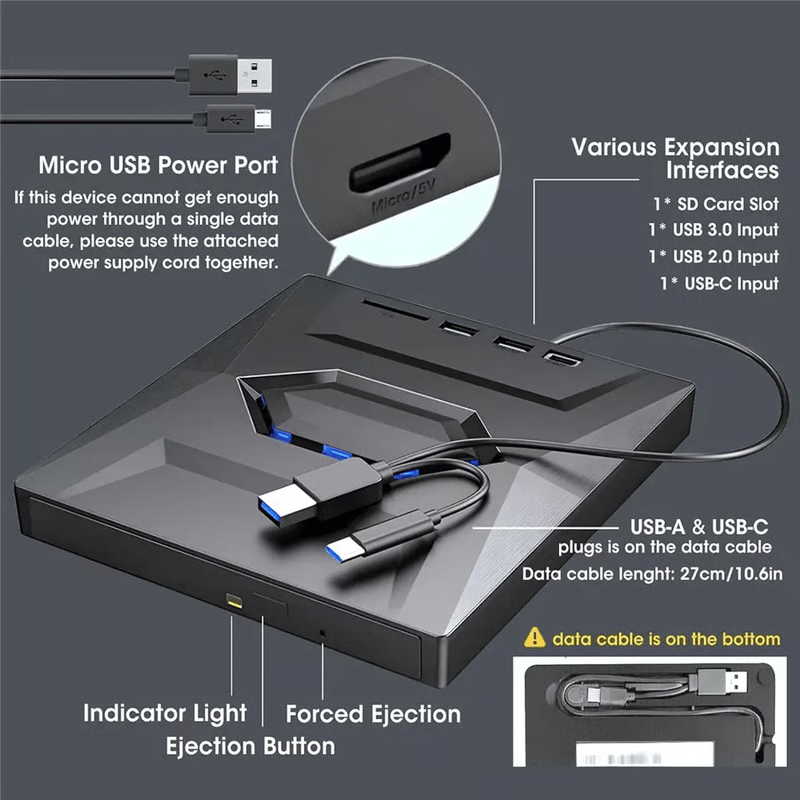 External Optical Drive with SD Card Slot and USB Hub for PC Mac Laptops