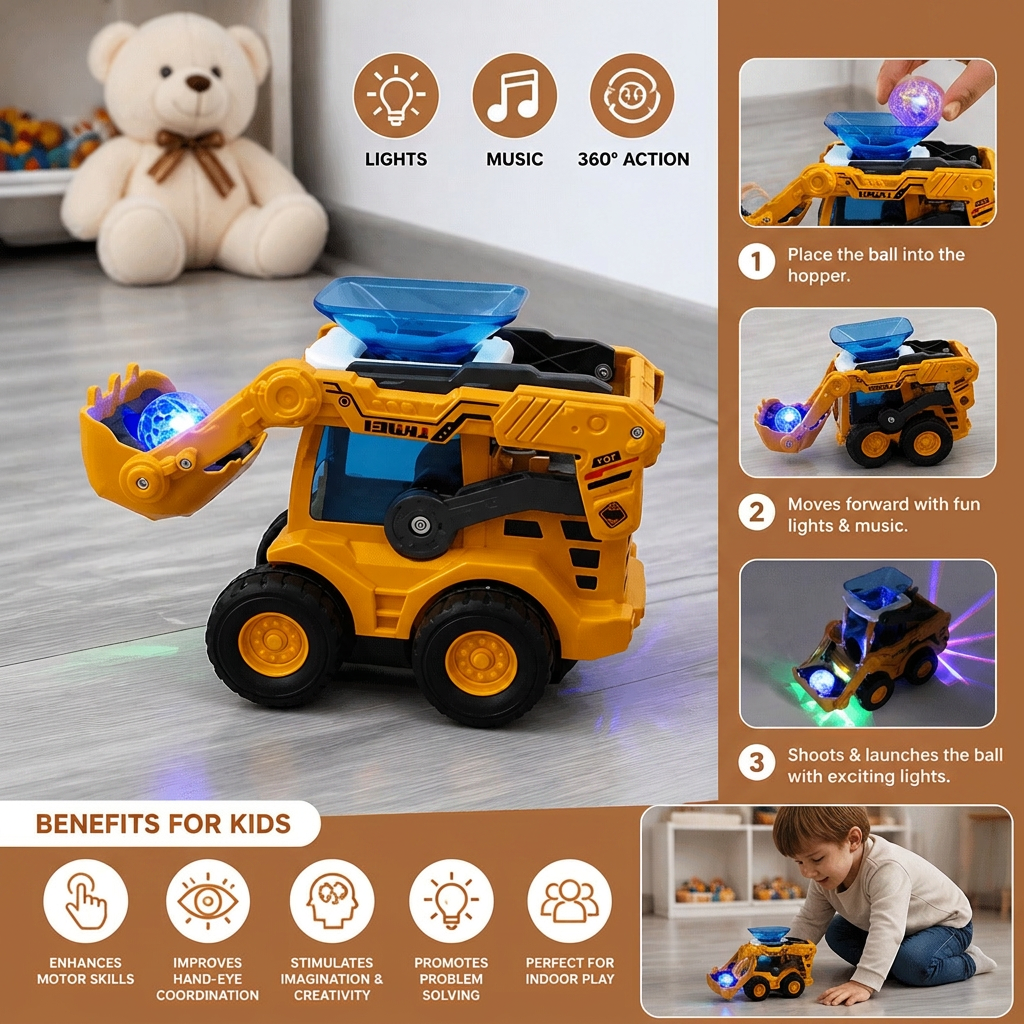 Construction Bulldozer Toy with Light Effects and Ball Launcher for Kids